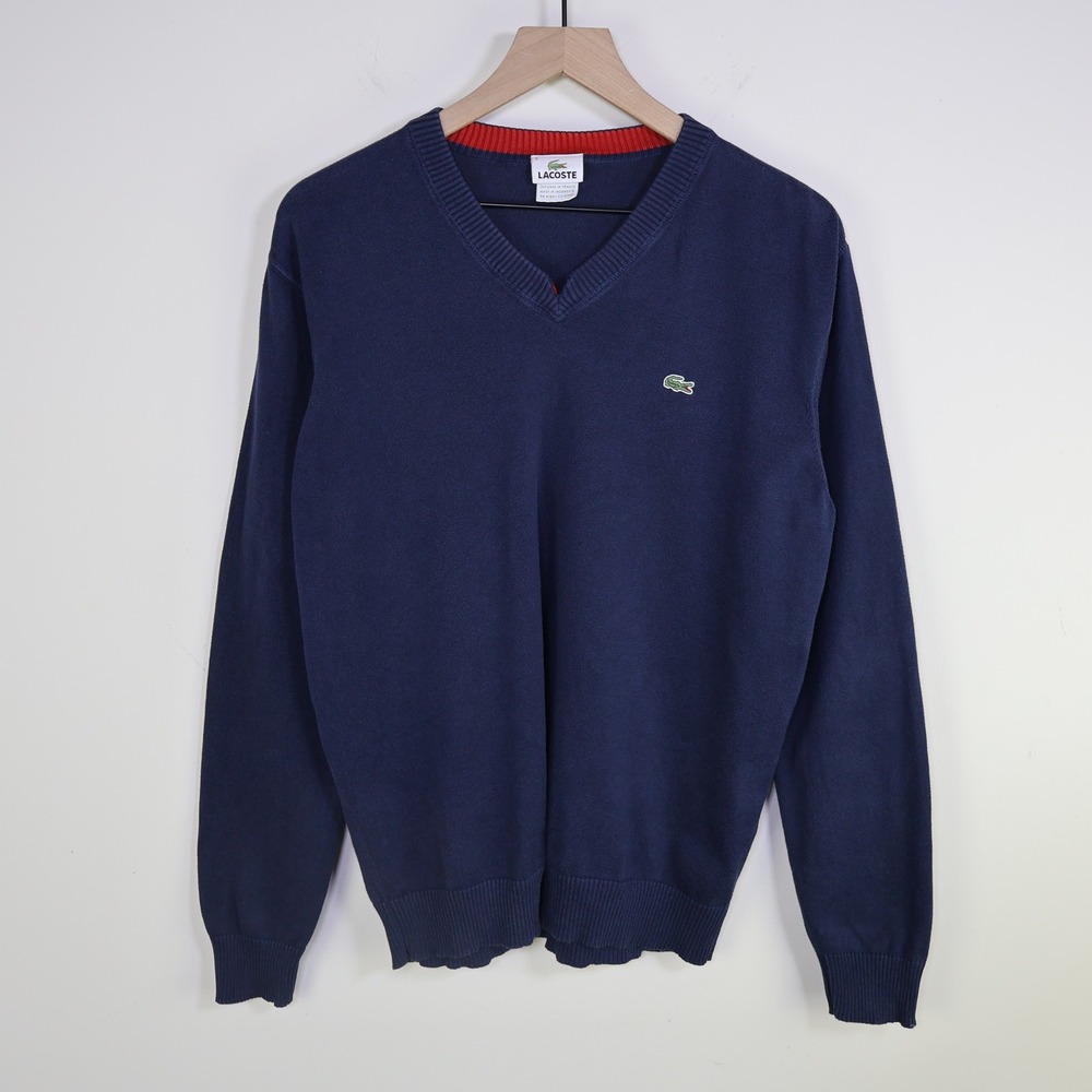 Lacoste V-Neck Sweater Size 5/Large Preppy‎ Classic Navy Blue Cotton Knit Logo